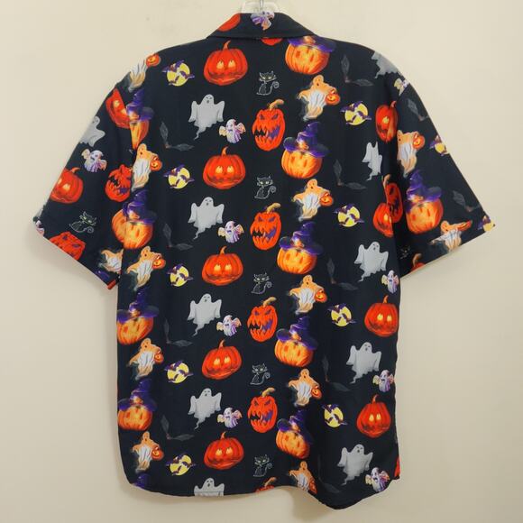 SSLR Halloween pumpkin graphic short sleeve button front shirt men's size medium - Picture 5 of 6